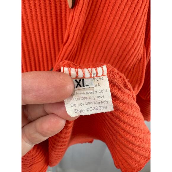 FENINI XL Waffle Knit Pullover Top Square Neck 3/4 Sleeve Buttons Cotton Orange - Picture 7 of 9